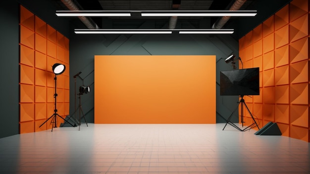 design interior um espaço retângulo como e estúdio de videografia com parede diferente desejando filmar diferente