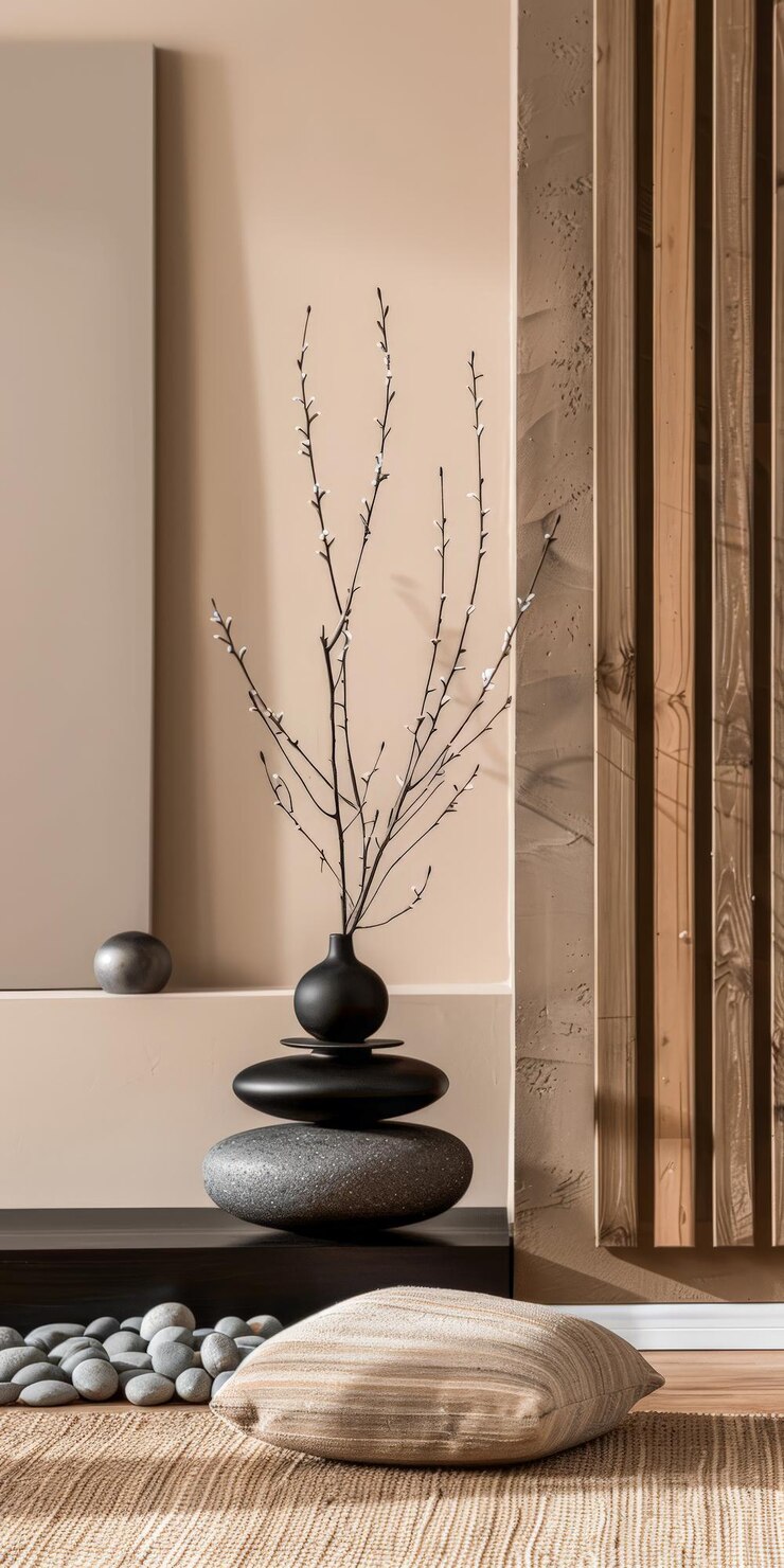 Foto design interior zen minimalista em bege com elementos naturais e iluminação de janelas interiores relaxantes espaços de meditação