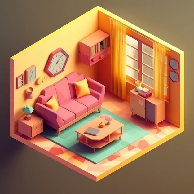 Design isométrico de sala de estar lowpoly em ilustração 3D com um sofá fofo e aconchegante mesa de centro janelas cortinas molduras de relógio e outros móveis