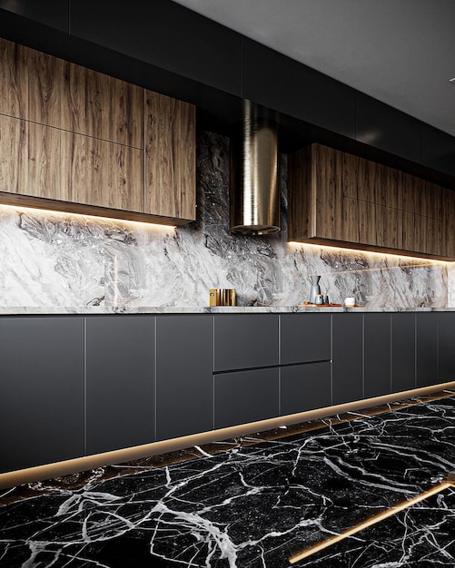 Foto design luxuoso de sala de cozinha preta