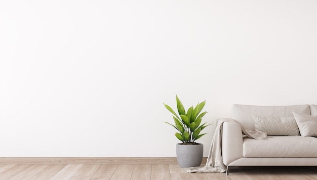 Design minimalista de sala de estar bem iluminada com sofá branco e plantas