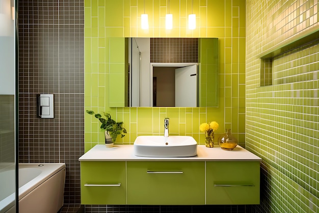 Design minimalista do banheiro O banheiro é predominantemente revestido com azulejos verdes