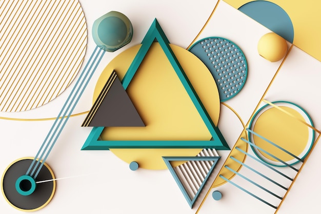 Design mit Zusammensetzung geometrischer Formen im Memphis-Stil in gelbem und grünem Ton 3D-Rendering-Illustration