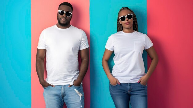 Design-Mockup schwarzer Mann und plus-große weiße Frau mit Sonnenbrille tragen leere weiße T-Shirts auf einem hellen Hintergrund