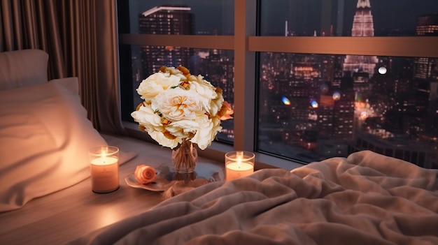 design moderno bedroombig janelas à noite cidade flores e velas quarto aconchegante