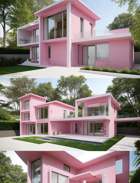 Design moderno de arquitetura de casa rosa com linhas elegantes e detalhes em tons rosa