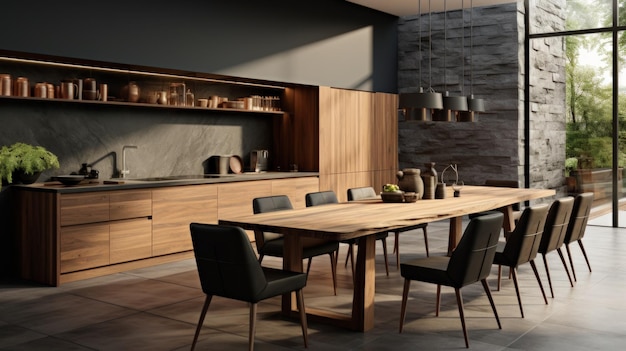 Design moderno de cozinha com mesa e cadeiras de madeira novamente