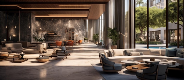 Design moderno de lobby de um hotel de luxo no México com uma área de salão