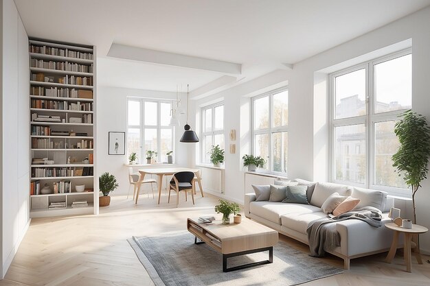 Design moderno de luxo de um aconchegante pequeno estúdio de estilo escandinavo com paredes brancas segundo andar com uma biblioteca e enorme janela alta cheia de luz do dia