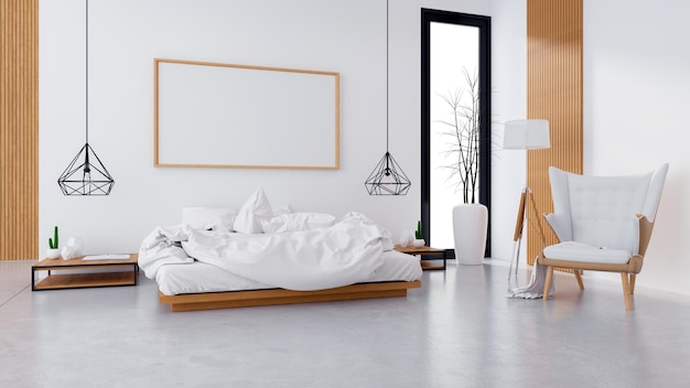 Design moderno de quarto de loft e cama branca de estilo aconchegante com cabeceira de madeira no chão de concreto