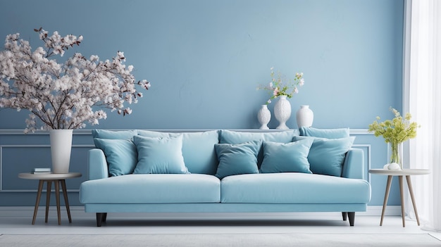Design moderno de sala de estar azul com sofá e móveis