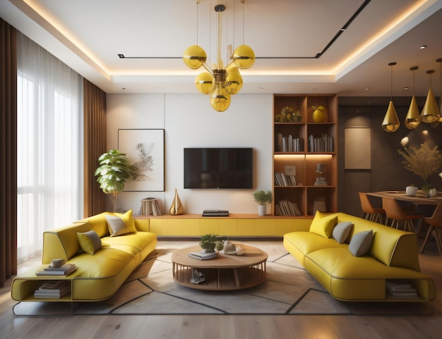 Design moderno de sala de estar com estantes sofá amarelo completo com paredes de vidro
