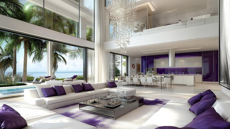 Foto design moderno de sala de estar com tema de cor branca e roxa candelabro de cristal pendurado na ceia