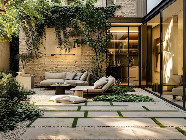 Foto design moderno e confortável com gasoni e calçada do pátio da casa
