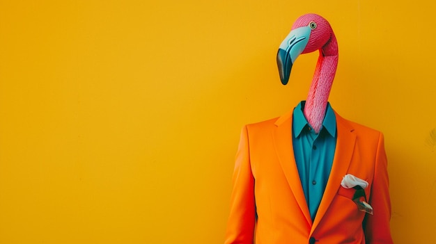 Design moderno um corpo humano em um terno de negócios brilhante com uma cabeça de flamingo Generative Ai