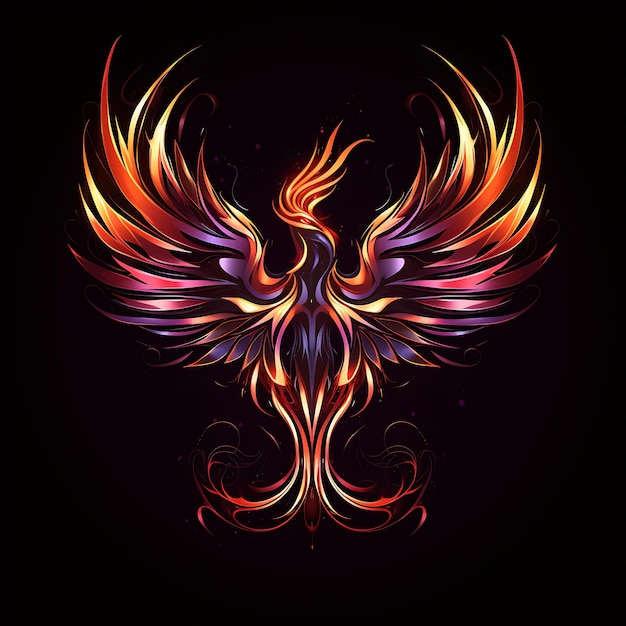 Design neon do logotipo da Phoenix com chamas e penas laranja ardente e tatuagem de ideia de clipart profundo