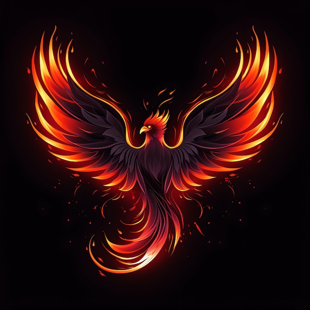Design neon do logotipo da Phoenix com chamas e penas laranja ardente e tatuagem de ideia de clipart profundo