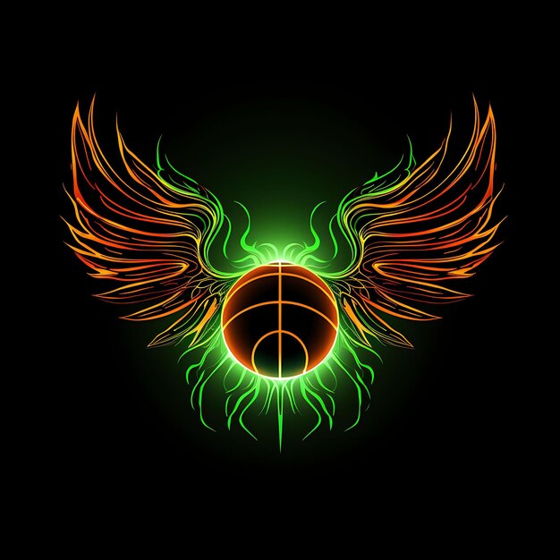 Design neon do logotipo do basquete com asas e rede de basquete laranja vibrante ideia tatuagem