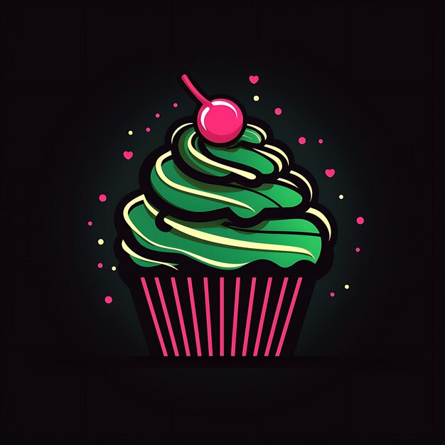 Design neon do logotipo do cupcake com granulados e cerejas rosa doce e menta clipart ideia tatuagem