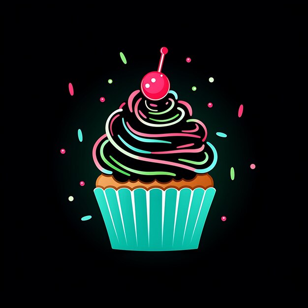 Design neon do logotipo do cupcake com granulados e cerejas rosa doce e menta clipart ideia tatuagem