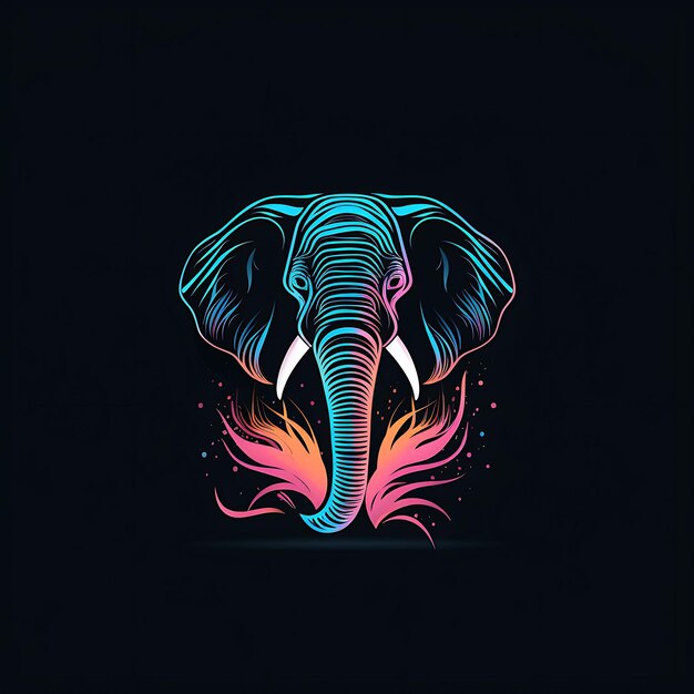 Design neon do logotipo do elefante gracioso com tronco e flor de lótus abstrato ideia tatuagem