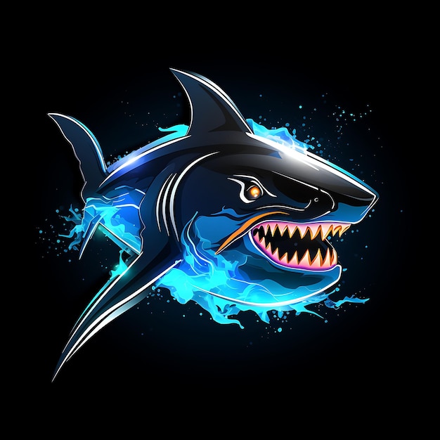 Design neon do logotipo do tubarão feroz com dentes afiados e respingos de água Abstra Clipart Idea Tattoo