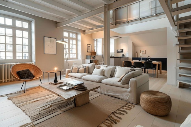 Design Neutral Beige Skandinavischer Stil Loft Interieur und modernes Wohnzimmer