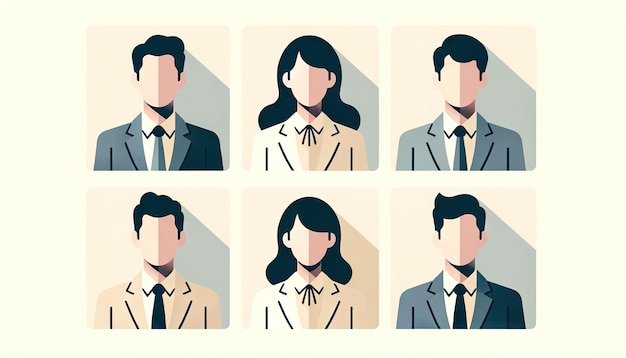 Design plano minimalista seis avatares de personalidade de negócios gerados por IA