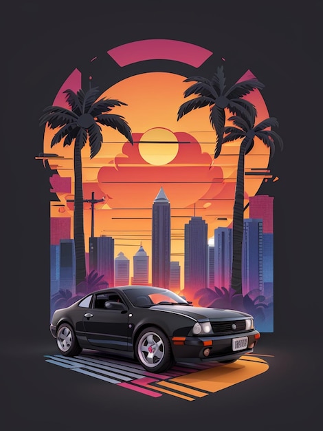 Design retrô de camiseta com pôr do sol e carro