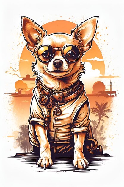 Design retrô vintage envelhecido do pôr do sol, um lindo chihuahua em estilo de desenho animado Steampunk