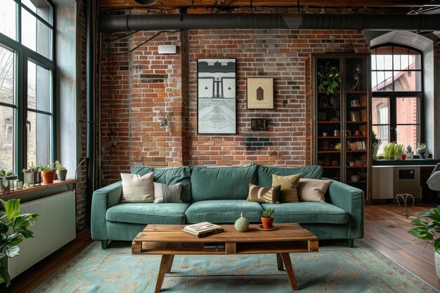 Design Sage Green Retro-Stil Loft Interieur und modernes Wohnzimmer