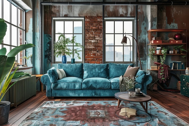 Design Sky Blue Interior de loft de estilo industrial e sala de estar moderna