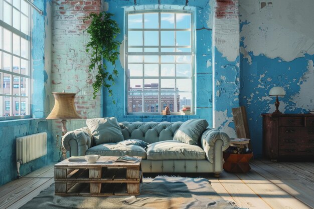 Foto design sky blue vintage-stil loft interieur und modernes wohnzimmer