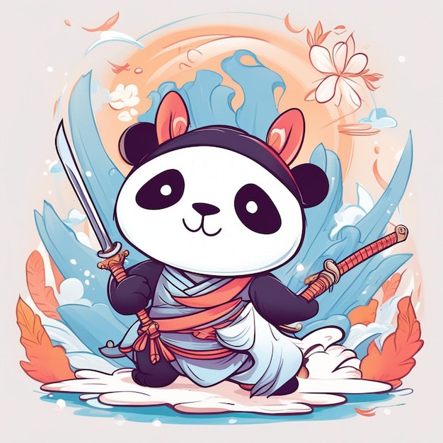 Design-T-Shirt-Grafik, niedlicher Cartoon-Panda, Samurai-Katana-Schwert, wilder, ganz weißer Kinderstil