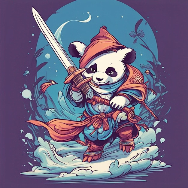 Design-T-Shirt-Grafik, niedlicher Cartoon-Panda, Samurai-Katana-Schwert, wilder, ganz weißer Kinderstil