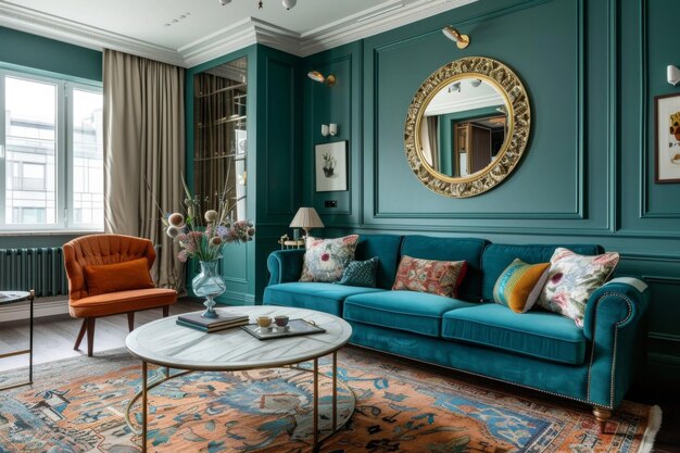 Design Teal Traditioneller Stil Wohnungsinterieur und modernes Wohnzimmer