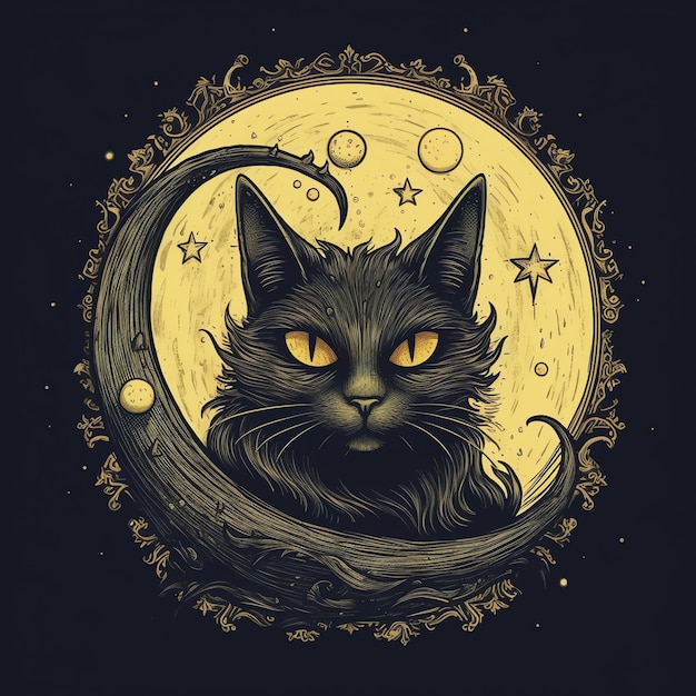 Design vetorial de gato e lua linhas afiadas hype