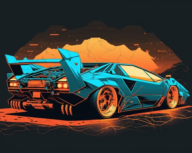 design vetorial de Lamborghini azul com ilustração de design retrô neon