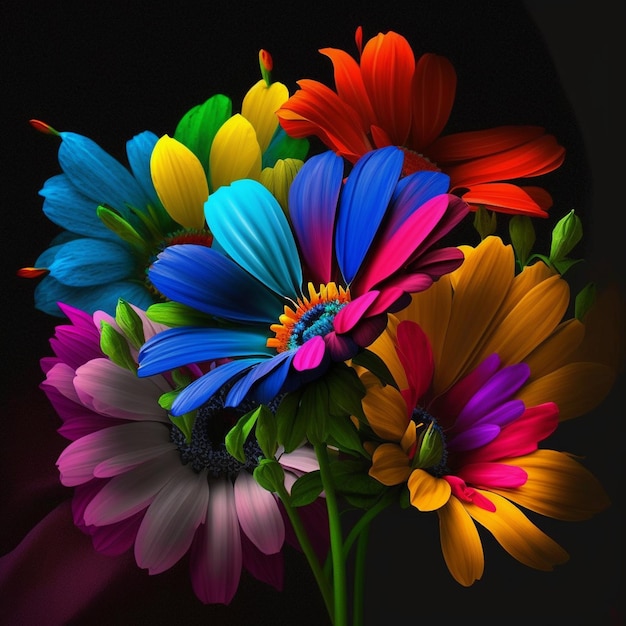 Design vibrante floral original com flores exóticas e folhas tropicais Flores coloridas em fundo escuro