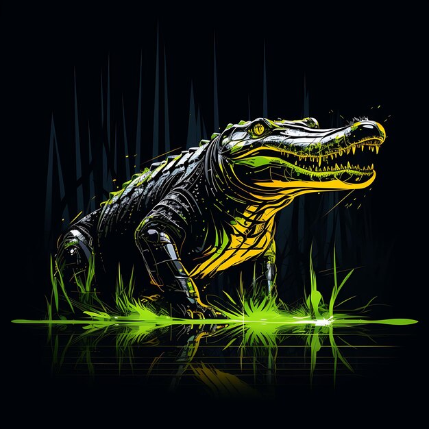 Design von Alligator Marshland Mystery Eckige Neonlinien Moos Kiefer auf Clipart T-Shirt Design Glow.