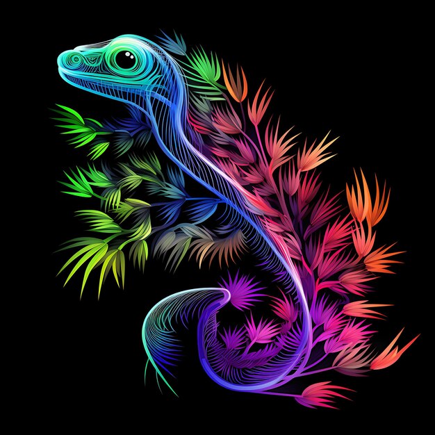 Design von Chameleon Regenwald Mirage Farbe wechselnde Neonlinien Farnen Clipart T-Shirt Design Glow