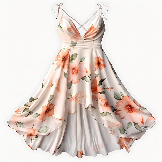 Design von Kleid Chiffon Blumen Design Style für Frauen Junge Erwachsene Flo isoliert auf Weiß BG Blank.