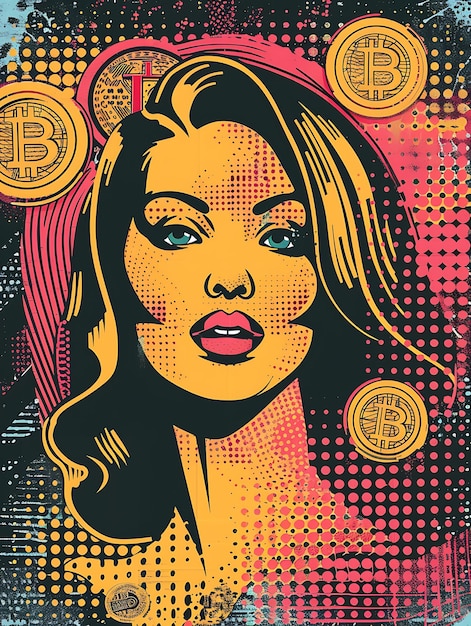 Foto design von pop art 2d-poster mit bitcoin und popkultur dekoration wi crypto poster banner konzept
