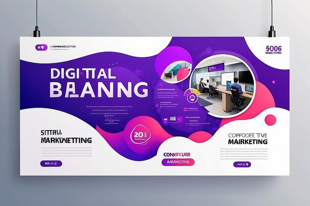 Foto design von purpurfarbenen digitalen marketing-bannern, schilder, broschüren, flyern, banner, digitaler marketing-agentur und unternehmensstil