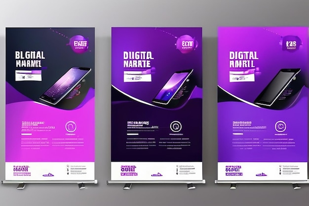 Design von purpurfarbenen digitalen Marketing-Bannern, Schilder, Broschüren, Flyern, Banner, Digitaler Marketing-Agentur und Unternehmensstil