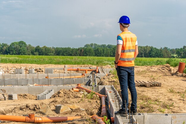 Designer beim Bau des Fundaments des Gebäudes