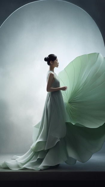 Designer chinês usa vestido com grande folha de lótus imagem de fotografia arte gerada por IA
