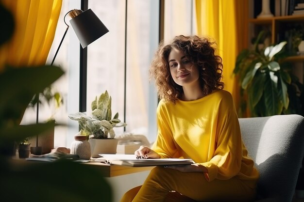 Designer criativa jovem em um suéter amarelo no local de trabalho em casa Generative AI