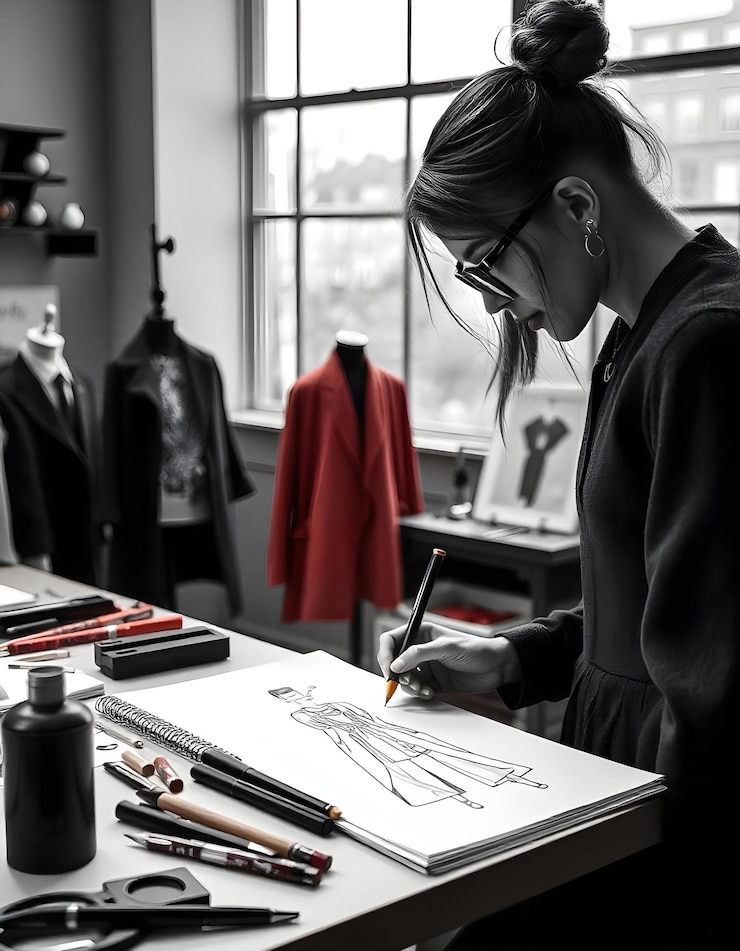 Foto designer de moda elegante trabalha como esboço de nova coleção no atelier creative design concept