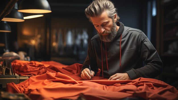 Foto designer de moda trabalhando com tecido têxtil em estúdio